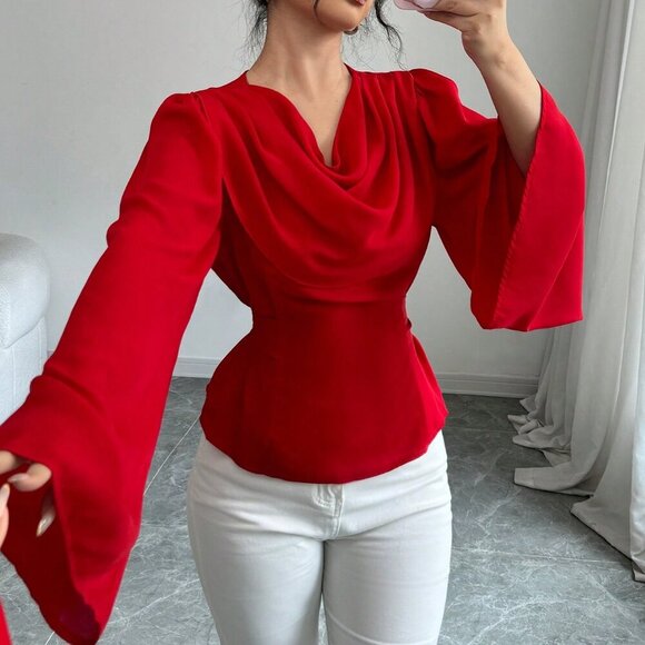 Red Elegant Women's Draped Neck Flared Sleeves Bow Tie Cuffs Blouse - Picture 6 of 6